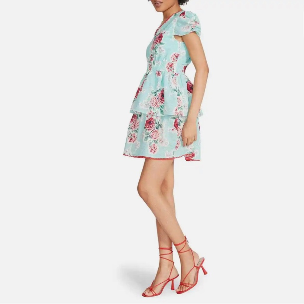 BETSEY JOHNSON Pastel Turquoise Rose Garden Print Seersucker Mini Dress Small - Picture 4 of 7